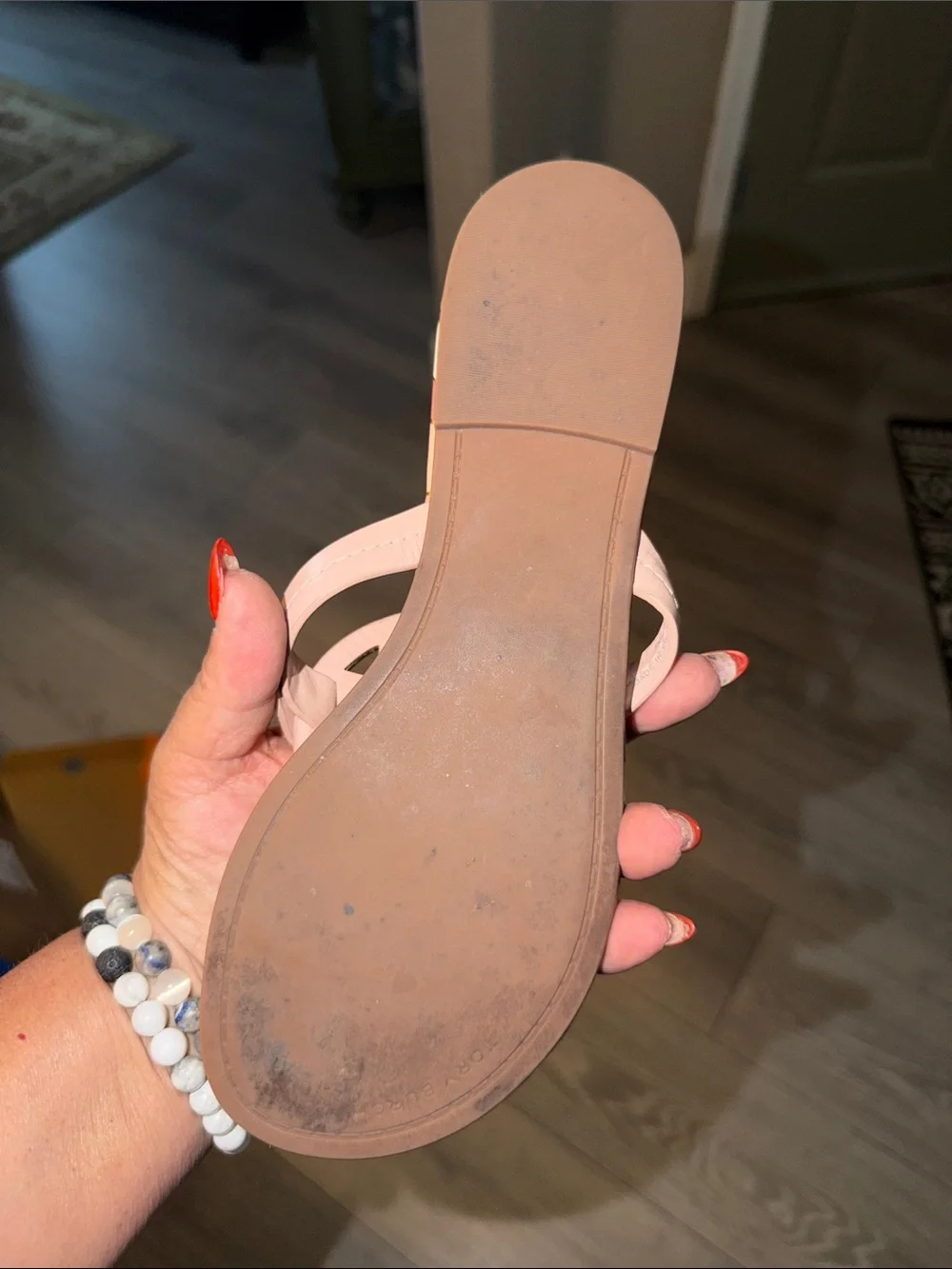 Tory Burch Blush Pink Miller Logo Thong Sandals with Patterned Trim